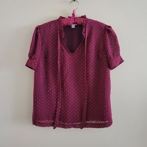 4/$15 SALE Maison Jules | Wine Front Tie Clip Dot Blouse Maroon Red NWOT X-small